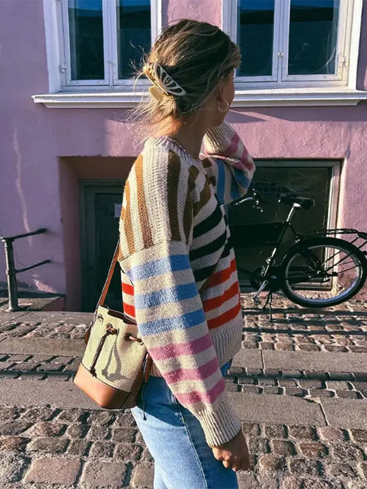 Bunter gestreifter Vintage-Strickpullover mit Rundhalsausschnitt