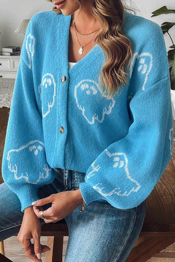 Gemütlicher Halloween-Geister-Strickpullover mit Knopfleiste