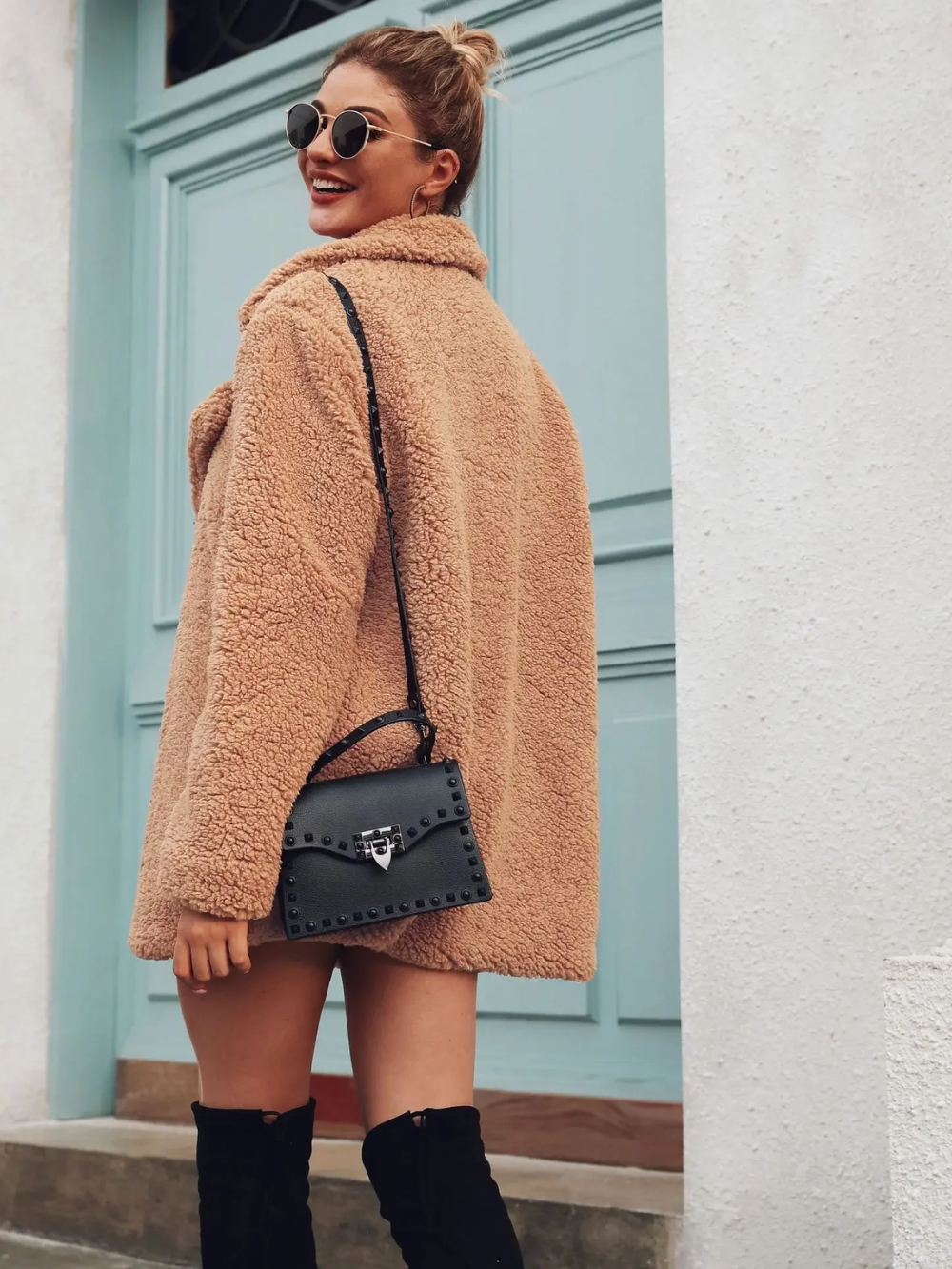 Gemütlicher Teddy-Plüsch Kurzmantel mit Reverskragen für Damen