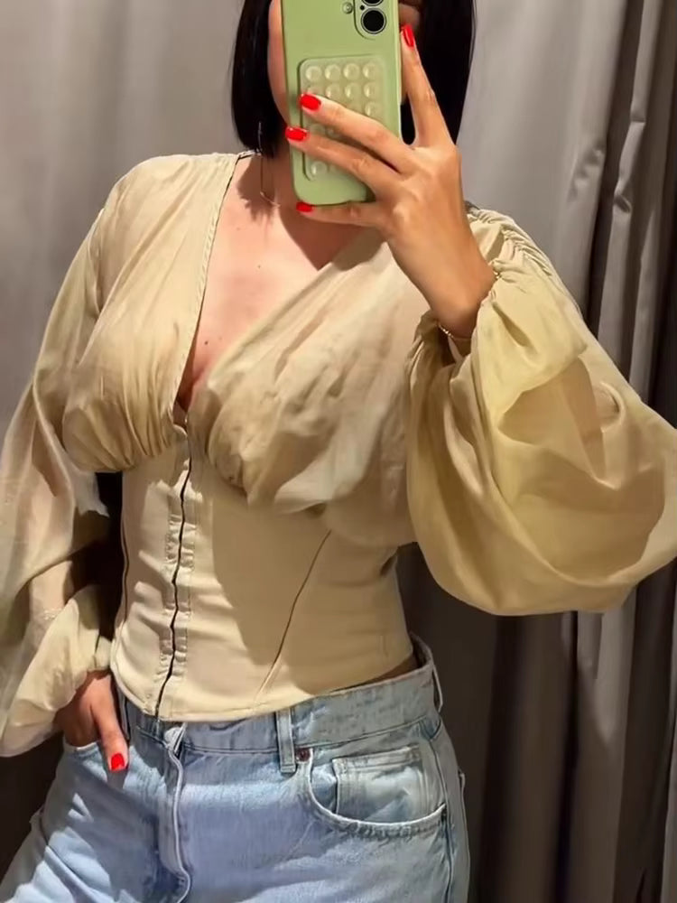 Gekürzte Damen-Corsagebluse mit Puffärmeln Sandfarbe