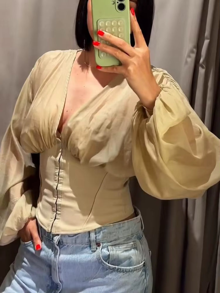Gekürzte Damen-Corsagebluse mit Puffärmeln Sandfarbe