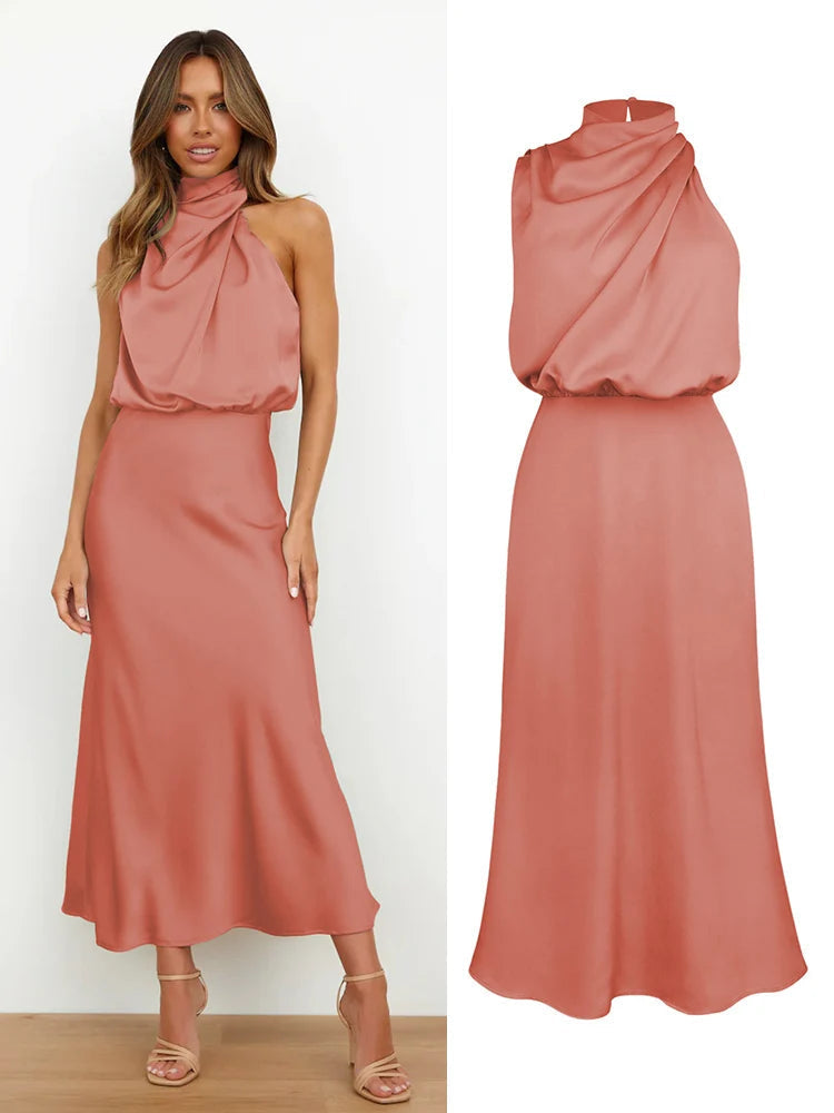 Damen Satin Asymmetrisch Geschnittenes Midi-Kleid
