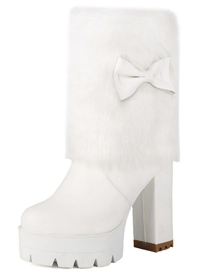 Plüschstiefel mit klobigem Absatz und Vintage-Schleifen-Akzent