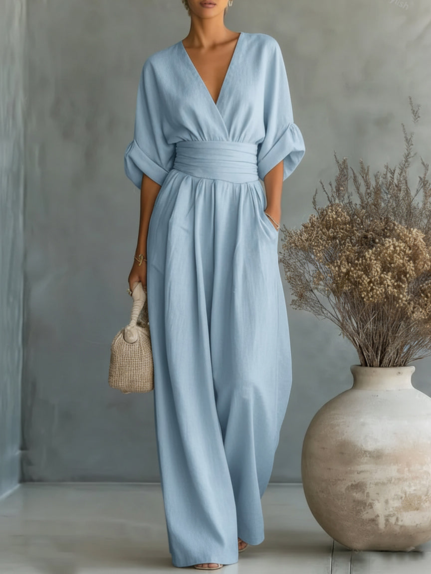 Eleganter V-Ausschnitt Jumpsuit mit hoher Taille und weitem Schnitt