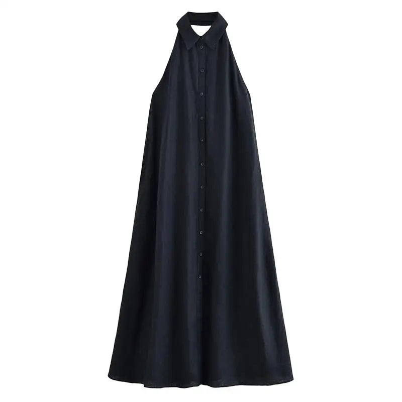 Damen Neckholder Locker Sitzendes Sommerkleid Marineblau