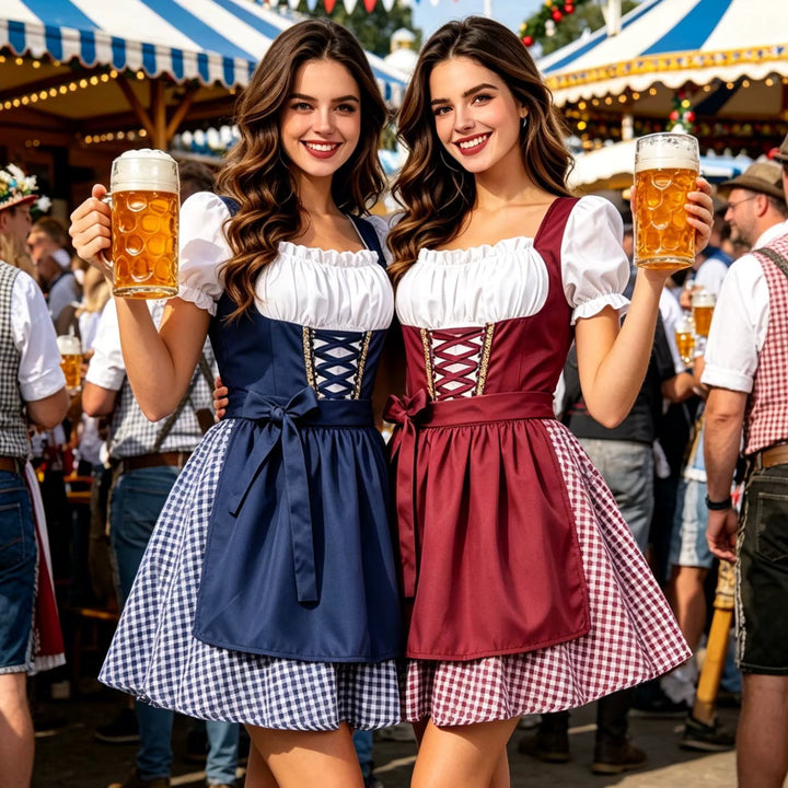 Damen-Dirndlkleid in Rot und Blau mit Schnürmieder und passender Schürze