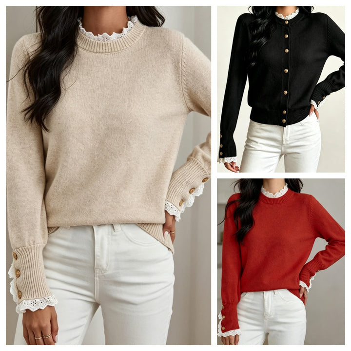 Damen-Strickpullover mit Spitzenbesatz und elegantem Rundhalsausschnitt