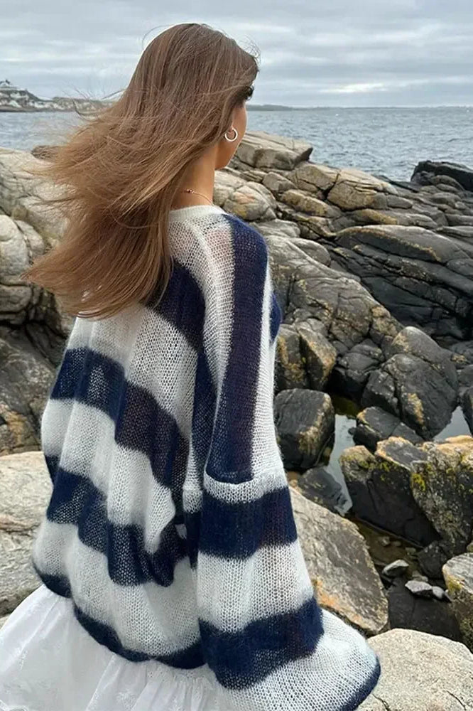 Gestreifter V-Ausschnitt Locker Gestrickter Cardigan Pullover