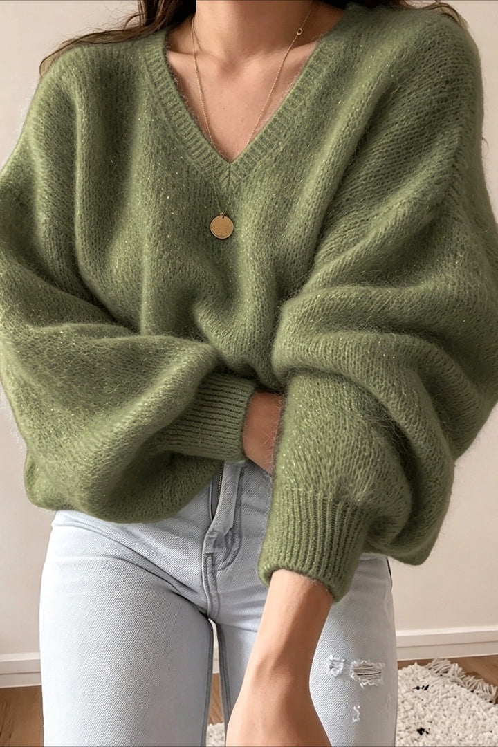 Damen Oversize Strickpullover Mit V Ausschnitt Olivgrün