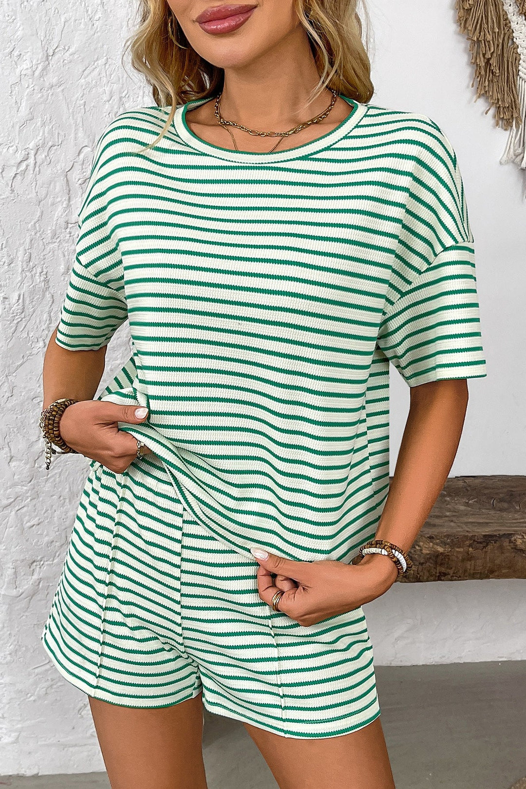 Damen Strick Shorts Set Mit Streifen