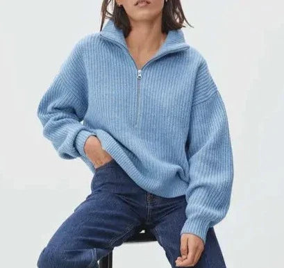 Gemütlicher dicker Strickpullover mit Reißverschluss-Kragen für lässige Wärme