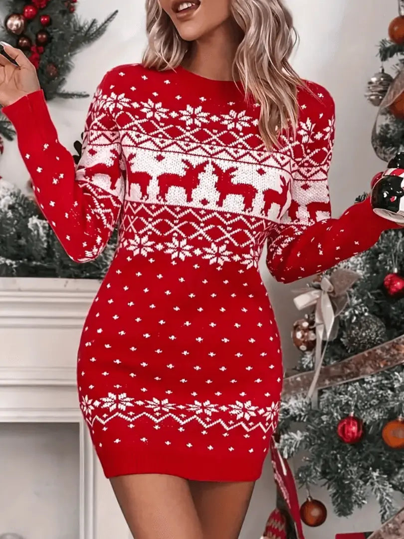 Festliches Weihnachtskleid mit Elchmuster und langen Ärmeln