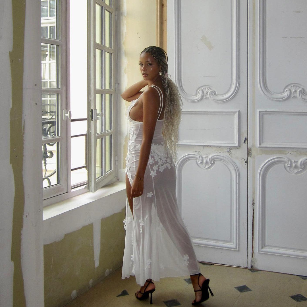 Weißes Maxi-Kleid mit Blütenmuster und Mesh für Damen