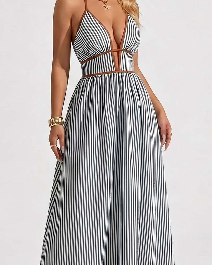 Langes Damenkleid mit V-Ausschnitt und Spaghettiträgern im gestreiften Design