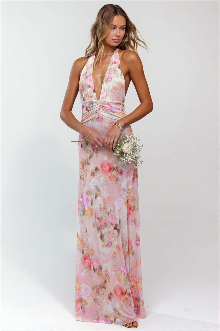 Damen Maxikleid mit Print und offener Rückenpartie in Rückansicht