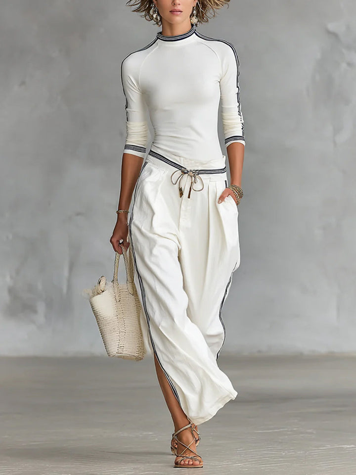 Gemütliches Stretch-Strickoberteil und Leinen-Baumwollhose Zweiteiler Set