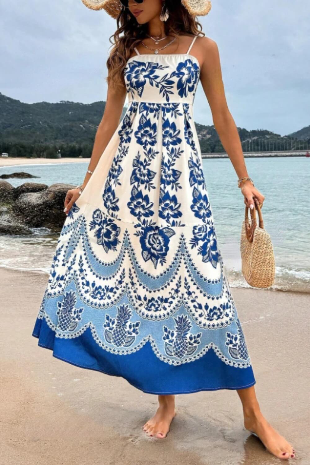 Polyester Spaghettiträger Midi Kleid Blau