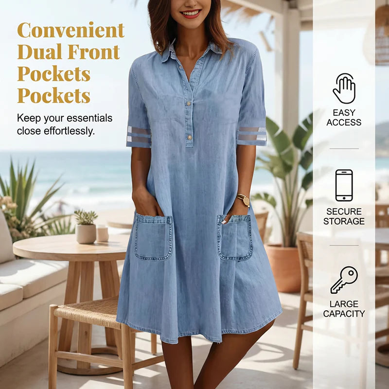 Locker sitzendes Kleid mit kurzen Ärmeln und Netzeinsatz
