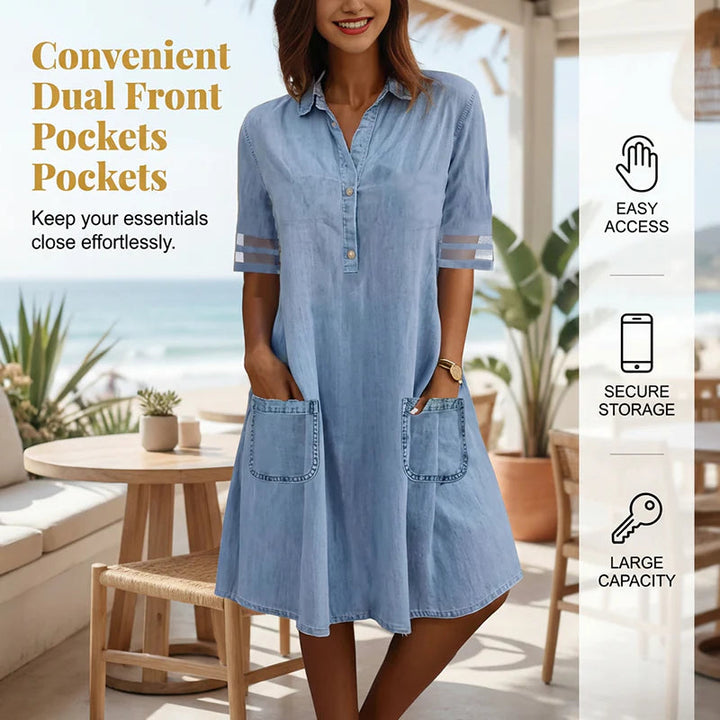 Locker sitzendes Kleid mit kurzen Ärmeln und Netzeinsatz