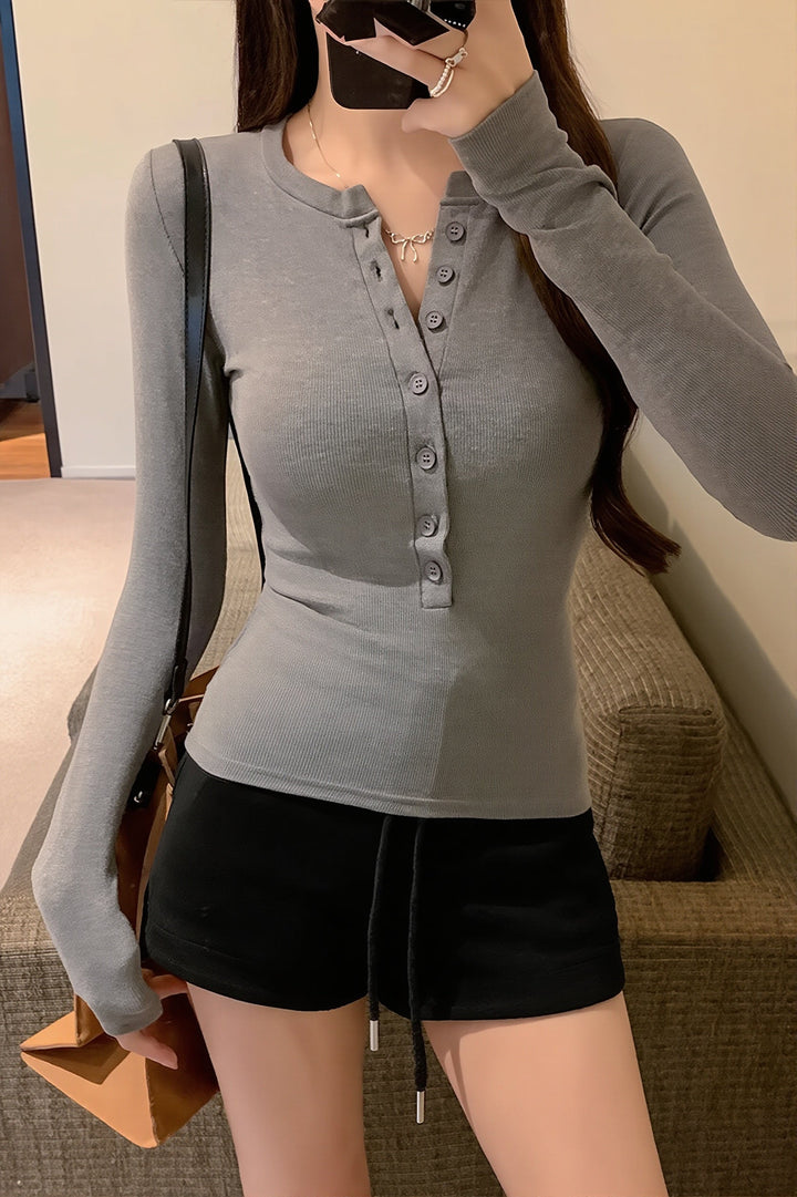 Damen Langarmshirt Aus Rippstrick Mit Henley Ausschnitt