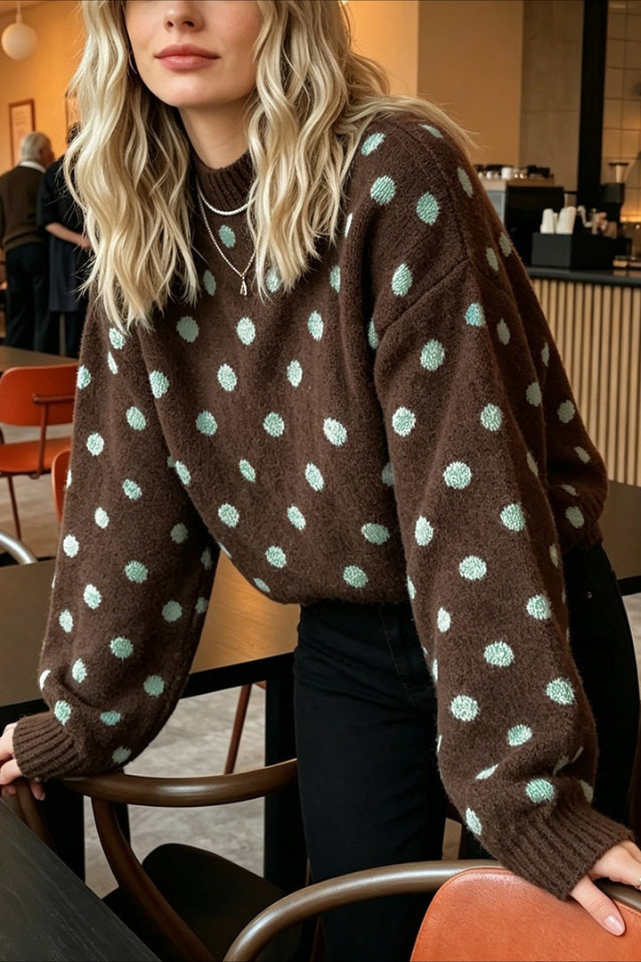 Damenpullover in Braun mit hellblauem Muster, Ansicht von hinten