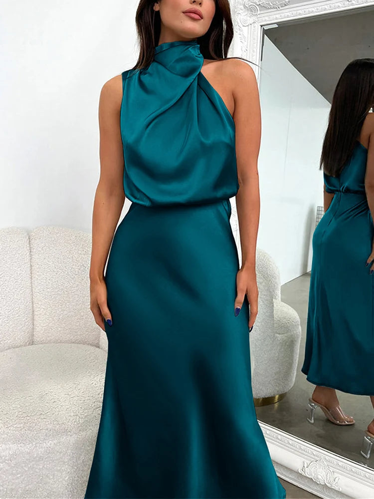 Damen Satin Asymmetrisch Geschnittenes Midi-Kleid