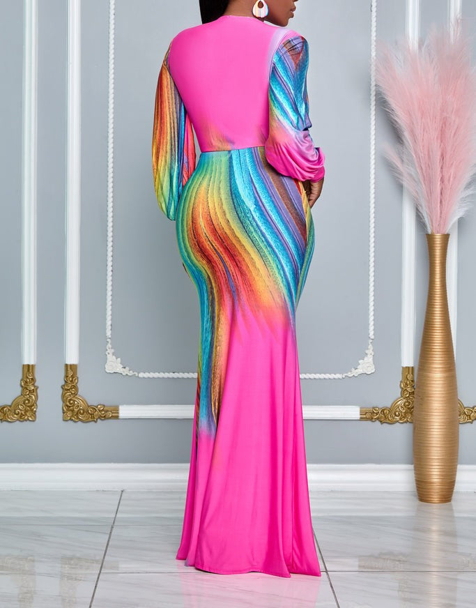 Maxikleid mit V-Ausschnitt und Batik-Faltenrock