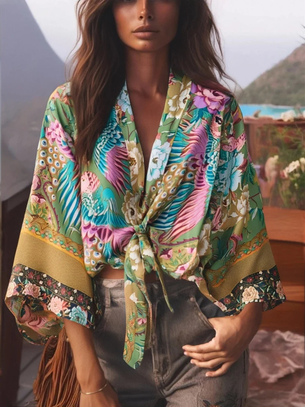 Kurzer Rayon-Blumenmuster-Kimono Strand-Cover-Up für Damen