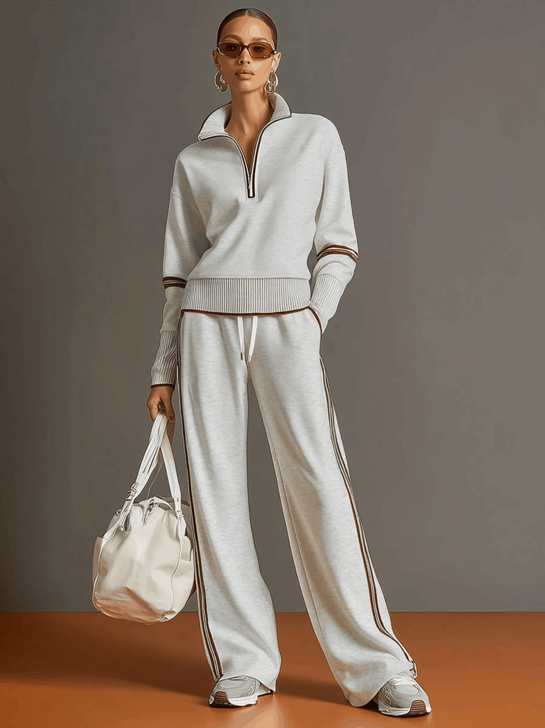 Pullover-Sweatshirt mit halbem Reißverschluss und weites Hosen-Set