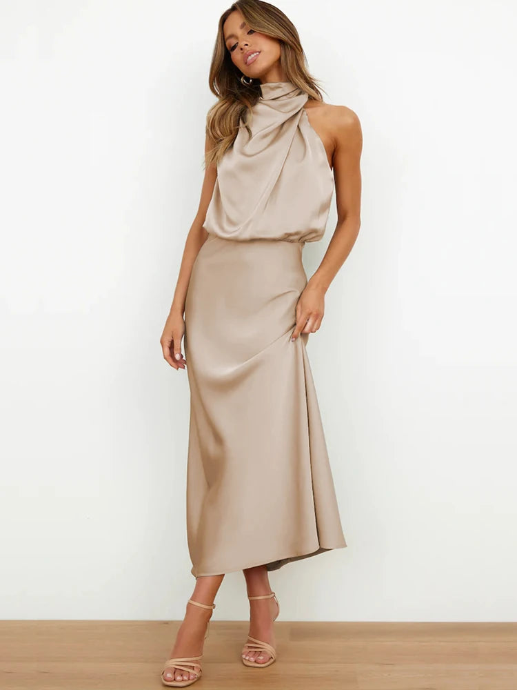Damen Satin Asymmetrisch Geschnittenes Midi-Kleid