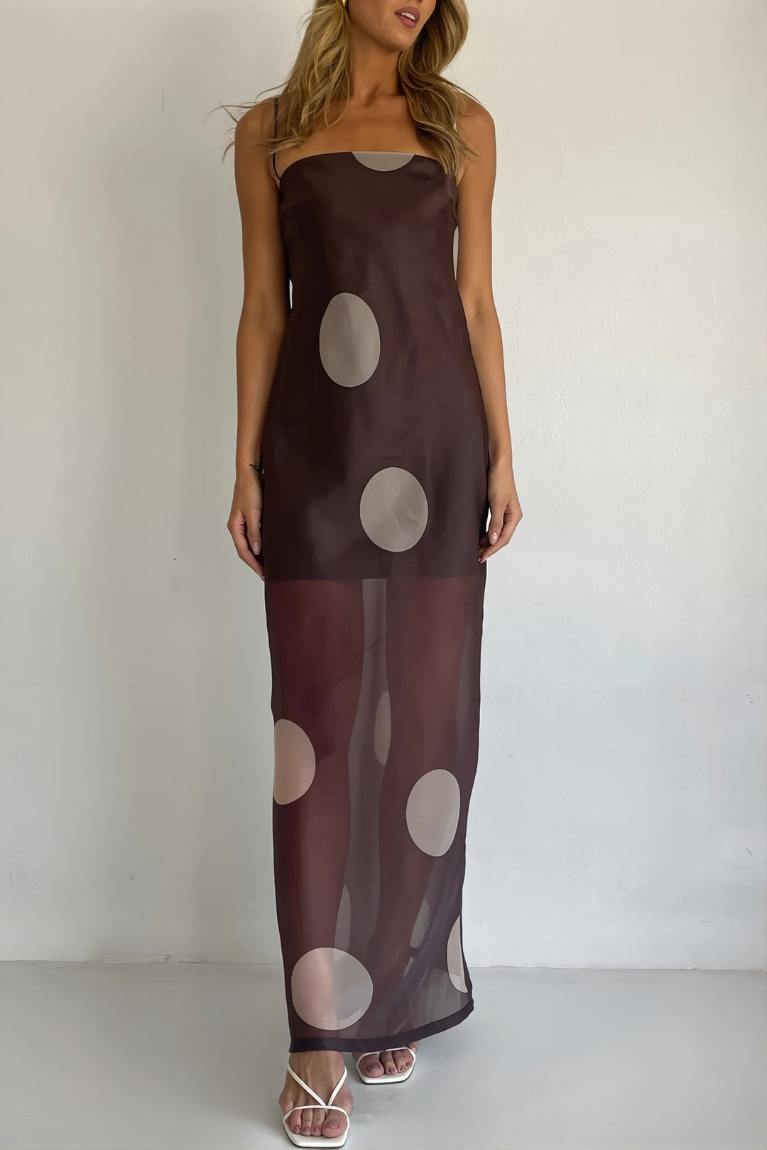 Damen Maxikleid Mit Punkten Und Schulterfreiem Slim Fit