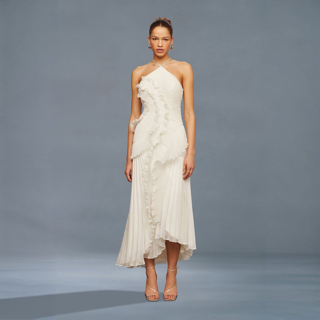 Weißes Midikleid mit Falten und Teerosen-Detail