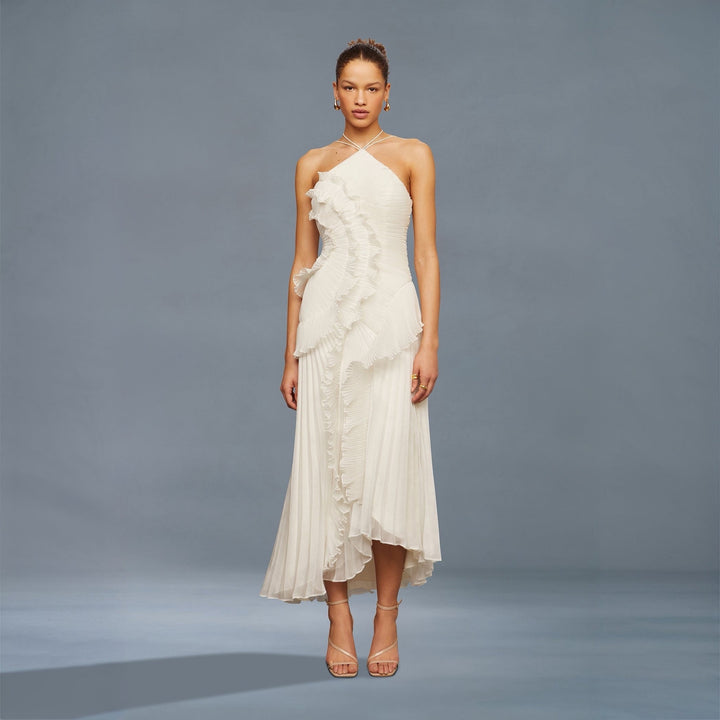 Weißes Midikleid mit Falten und Teerosen-Detail