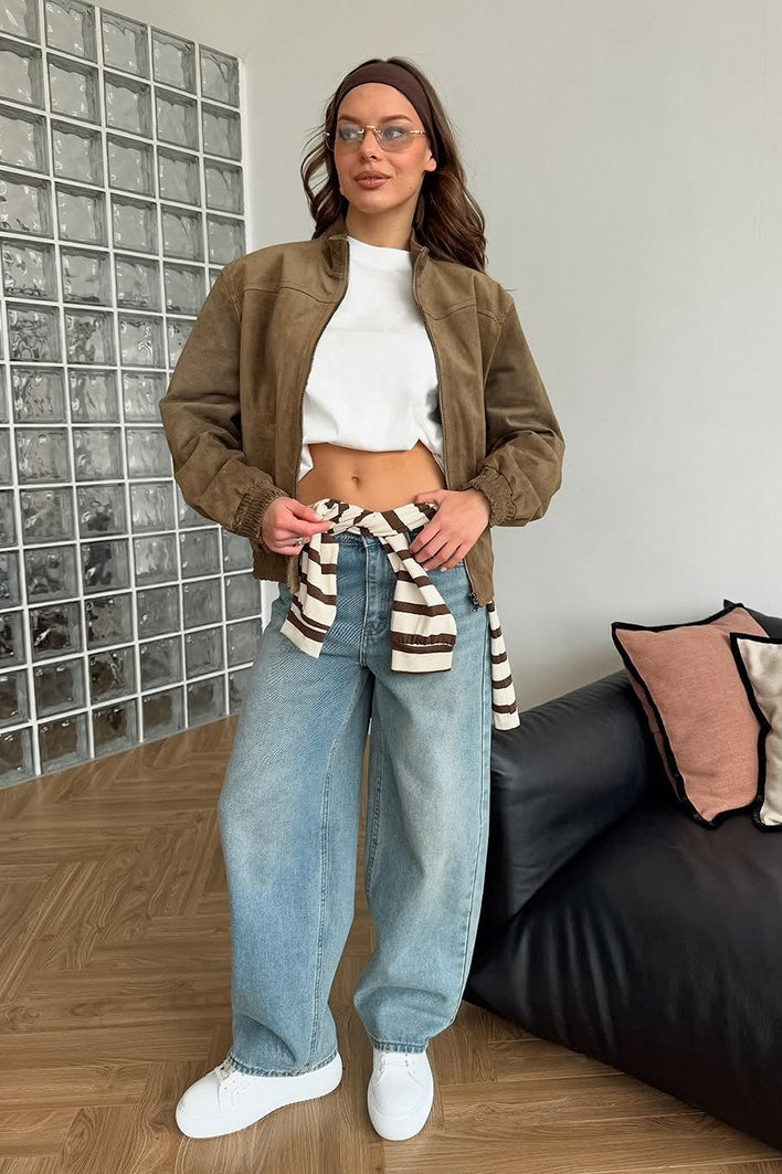 Vintage Velourslederjacke mit Stehkragen für stilvolles Schichten