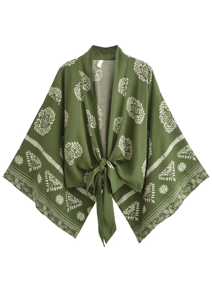 Boho Blumendruck Baumwolle Viskose Kimono Kurzer Bademantel Damen Strandüberwurf
