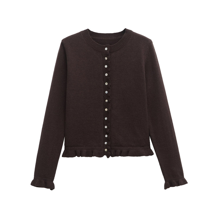 Rüschenbesetzter Damen-Cardigan mit Knöpfen, schickes Lagen-Oberteil