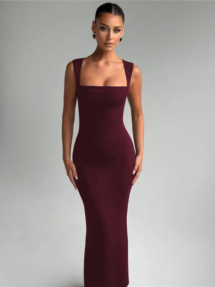 Maxikleid mit quadratischem Ausschnitt, figurbetontes Abendkleid mit formendem Effekt