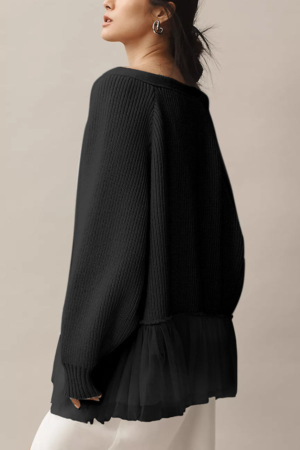 Strick-Cardigan mit Mesh-Rüsche und langen Ärmeln