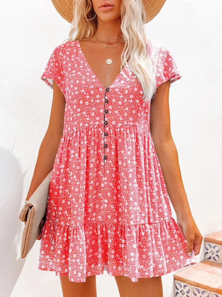 Damen Sommer Blumen V-Ausschnitt Falten Mini Kleid