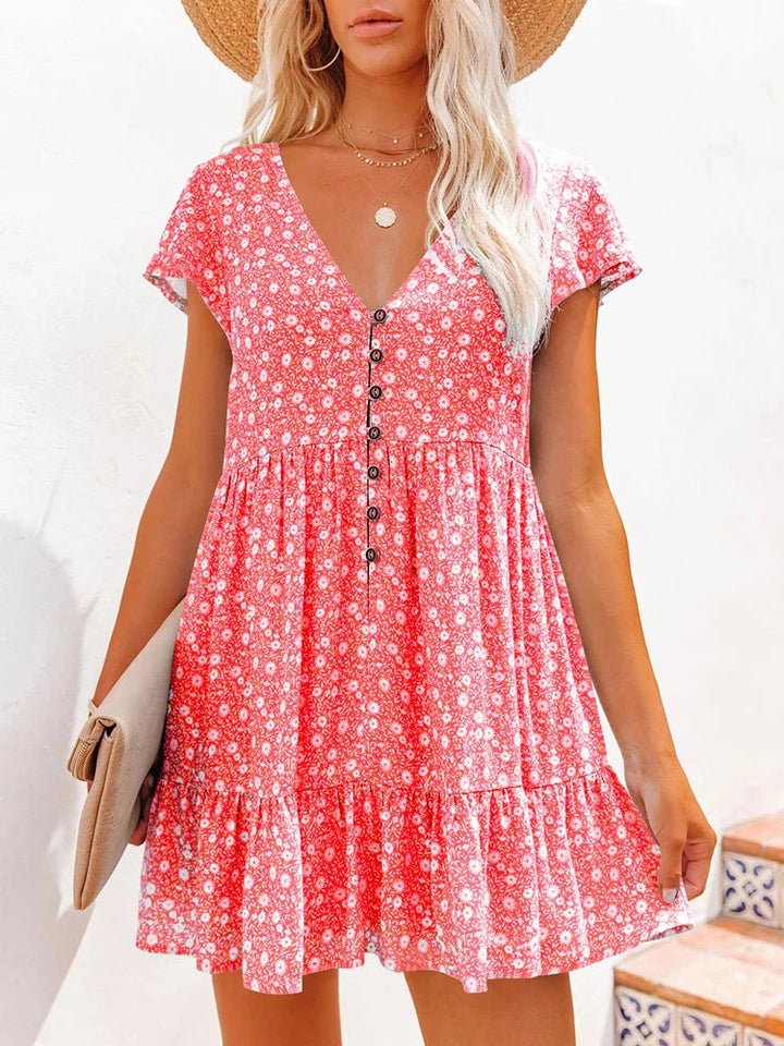 Damen Sommer Blumen V-Ausschnitt Falten Mini Kleid
