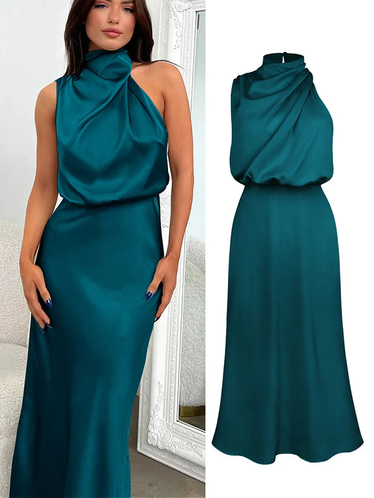 Damen Satin Asymmetrisch Geschnittenes Midi-Kleid