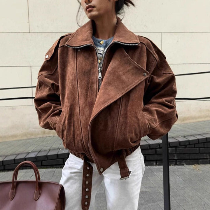 Übergroße Bomberjacke im Wildleder-Look mit asymmetrischem Reißverschluss