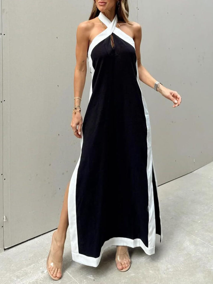 Maxikleid mit Neckholder, Farbblock und Schlitz