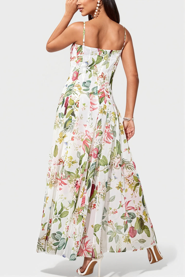 Rückansicht des Damen Maxikleids mit Blumenmuster und schmalen Trägern
