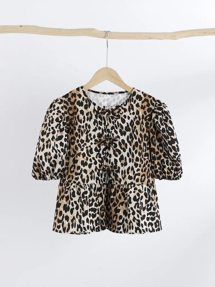 Bluse mit Leopardenmuster, Puffärmeln und Schleifendetail