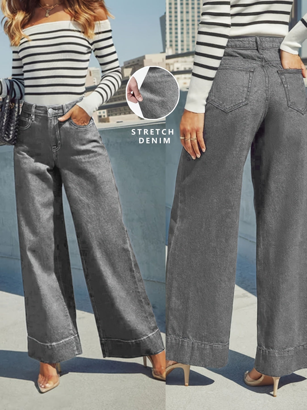High-Waist Weite Stretch-Denim-Jeans mit umgeschlagenem Saum