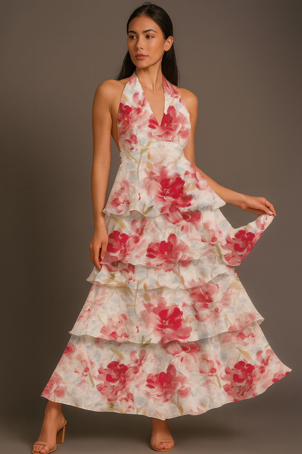 Maxikleid mit Blumenmuster, Neckholder, gestuften Rüschen und Taillendetail