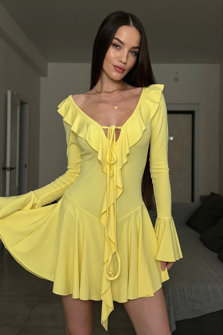 Damen Minikleid Mit Volants Und Bindeband