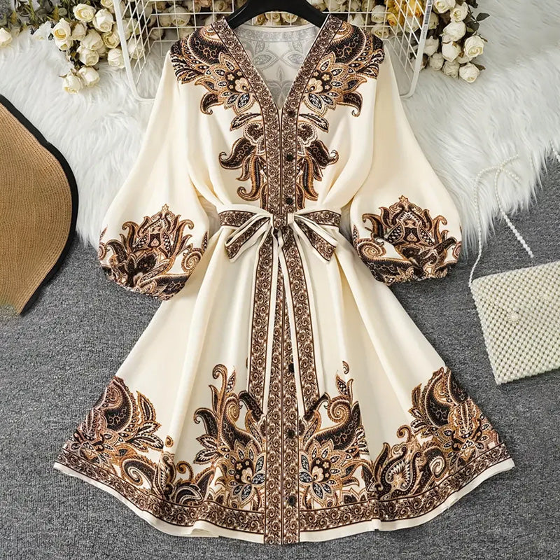 Bedrucktes V-Ausschnitt Kleid mit Taillengürtel für Damen, leicht und atmungsaktiv