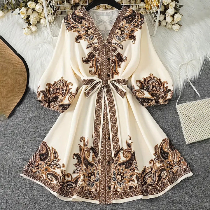 Bedrucktes V-Ausschnitt Kleid mit Taillengürtel für Damen, leicht und atmungsaktiv